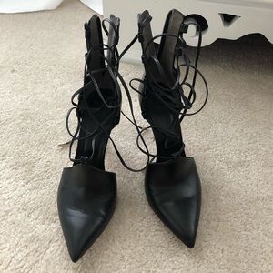 Black leather lace up pumps